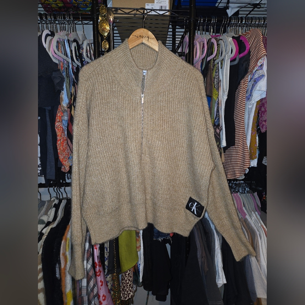 Calvin Klein Beige Knit Half Zip-Up Sweater